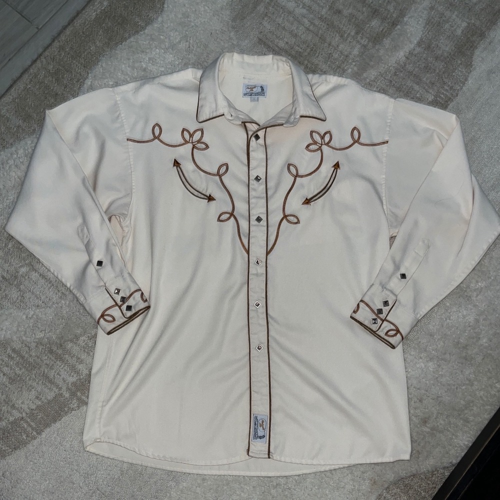 Vintage Panhandle Slim Mens Retro Western Shirt Brown Embroidery Diamond Snaps L - Picture 2 of 7